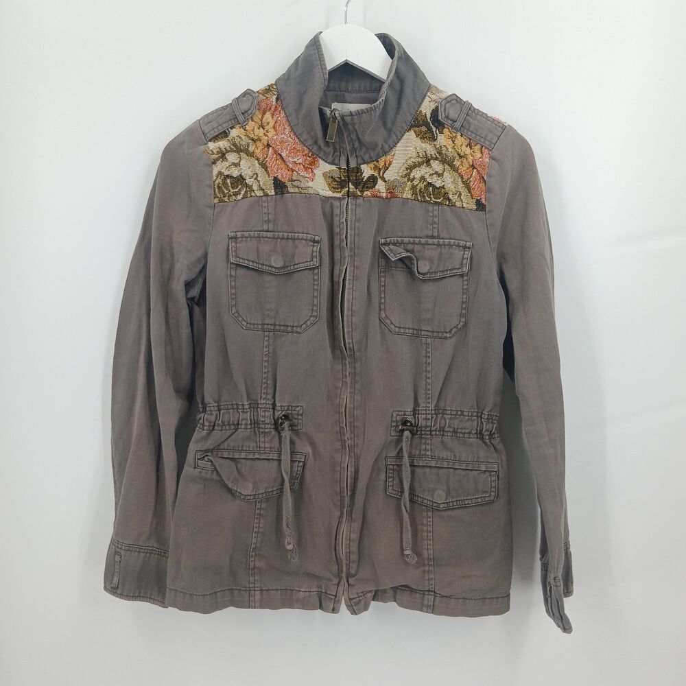Others Follow Anthropologie Floral Utility Jacket Womens L Olive Boho Military